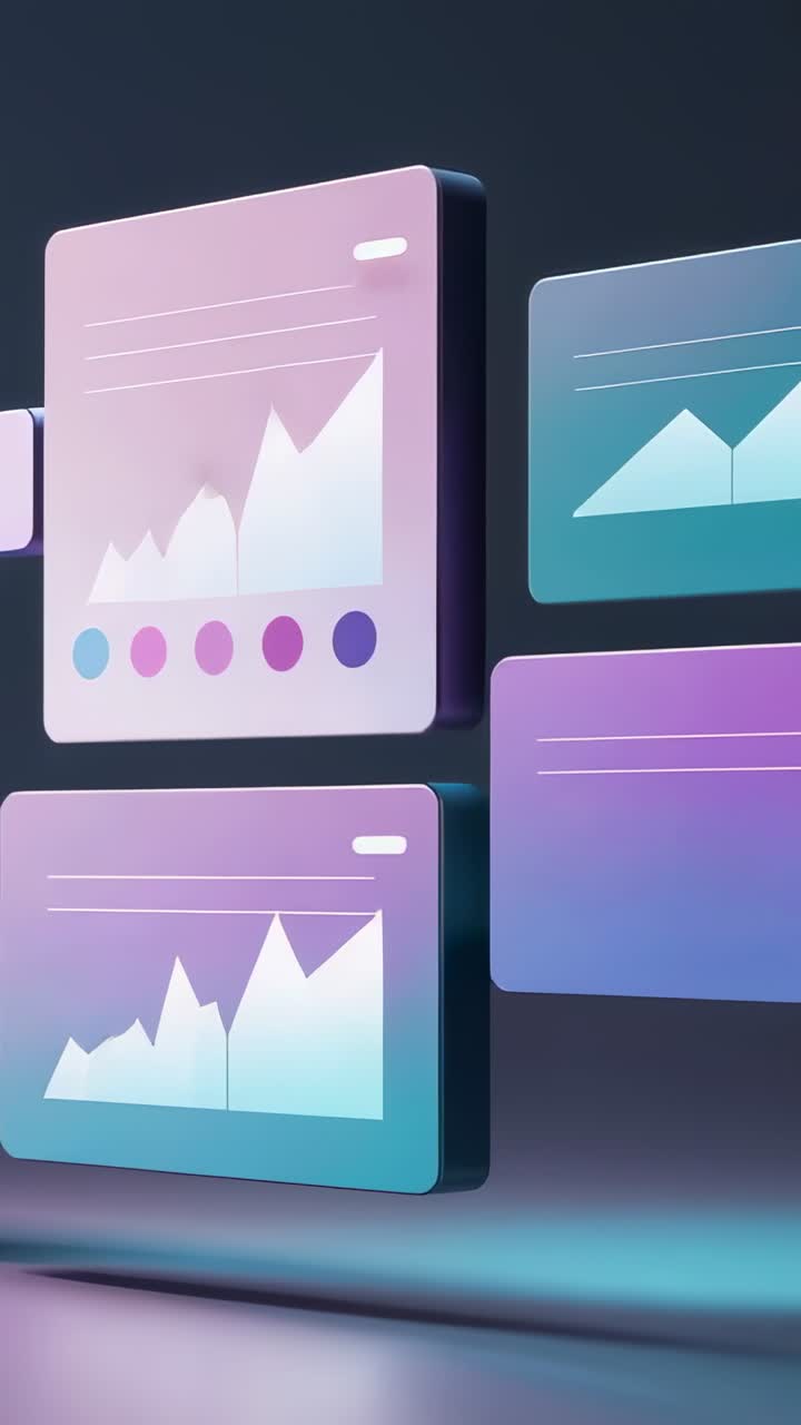 Vertical video: Fading four 3D panels animating data charts in studio with color dots pulsing