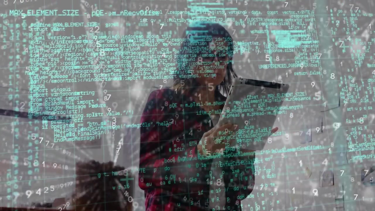 Animation of data processing over businesswoman using tablet