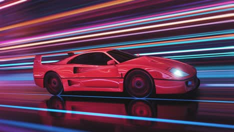coche deportivo rojo conduciendo en la carretera con un efecto de borrón de movimiento y rayas de luz de neón en el bucle