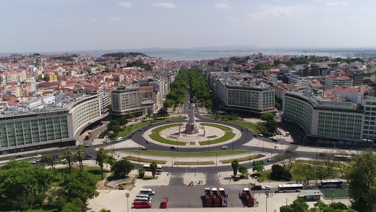 Lisbona, Portogallo, paesaggio urbano aereo, Parco Eduardo VII e Piazza Marquês de Pombal
