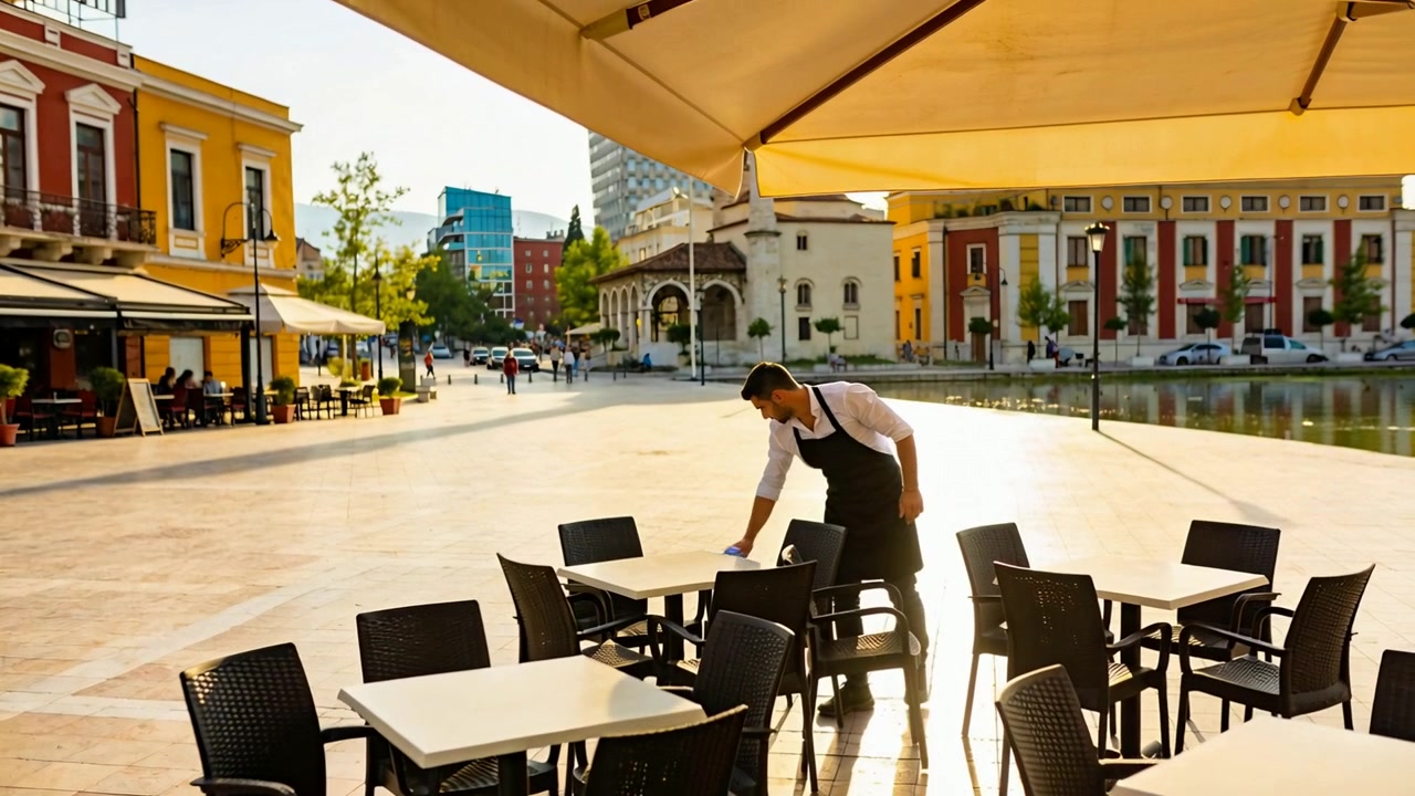Cameriere del caffè con grembiule scuro che raggiunge una sedia e pulisce i tavoli con un panno presso la piscina della piazza, preparando i tavoli