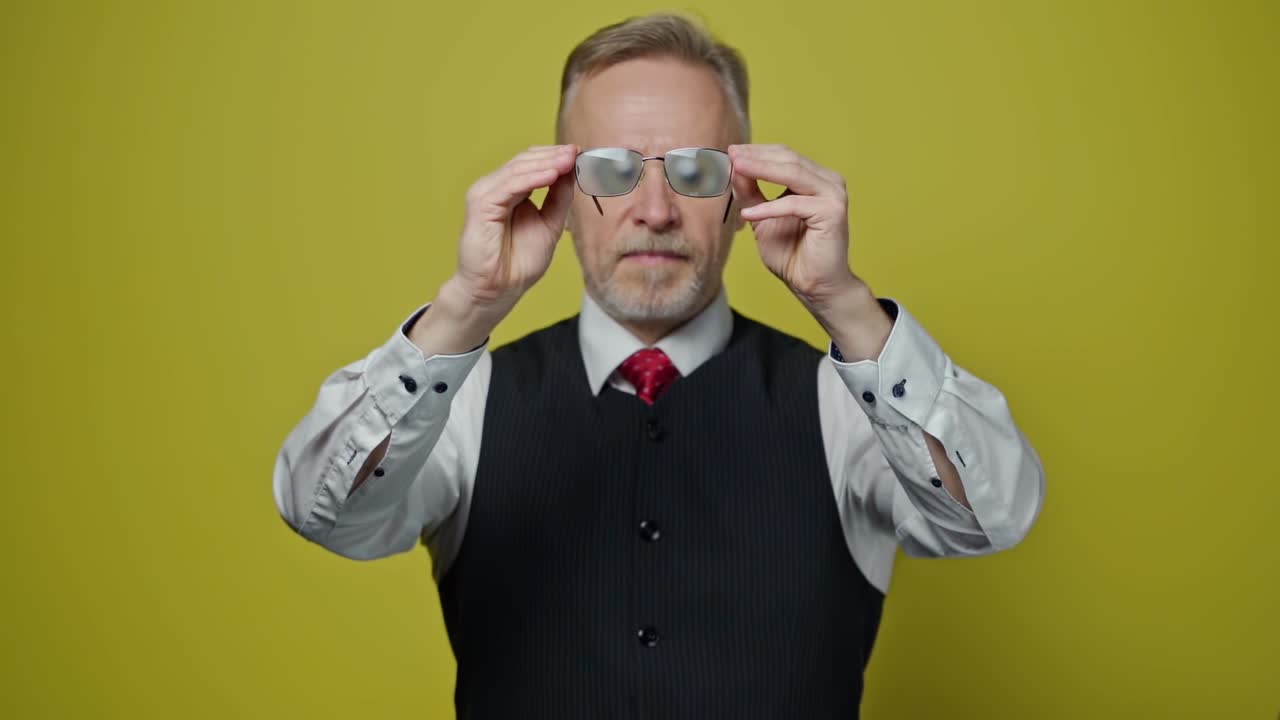 Senior man holding eyeglasses in front of himself. Magnifying glasses in man's hands showing big funny eyes of an old man. Slow motion.