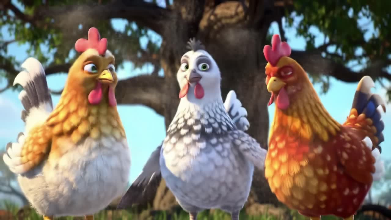 Three Colorful Animated Chickens in a Vibrant Farmyard Setting Displaying Playful Expressions and Interactions Under a Towering Tree