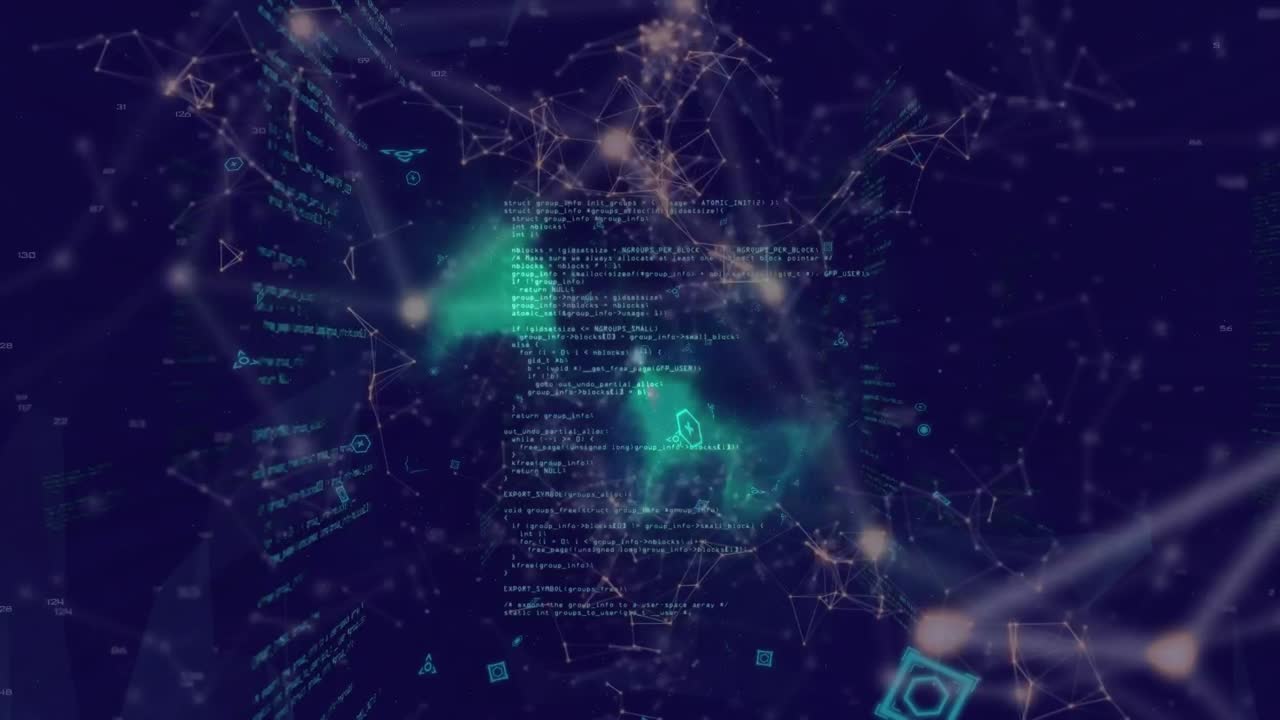 animación de la red de conexiones con iconos y procesamiento de datos sobre fondo azul