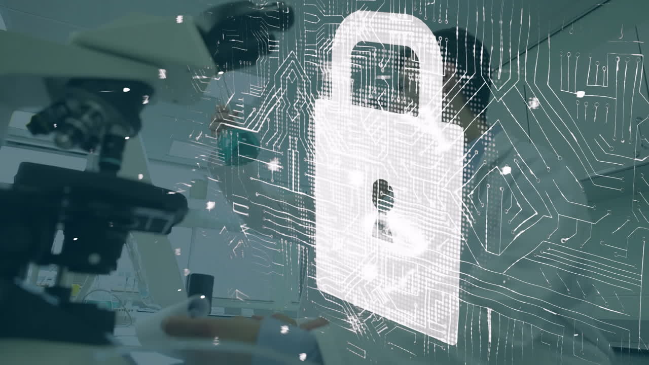 Digital lock animation over laboratory microscope and circuit board pattern
