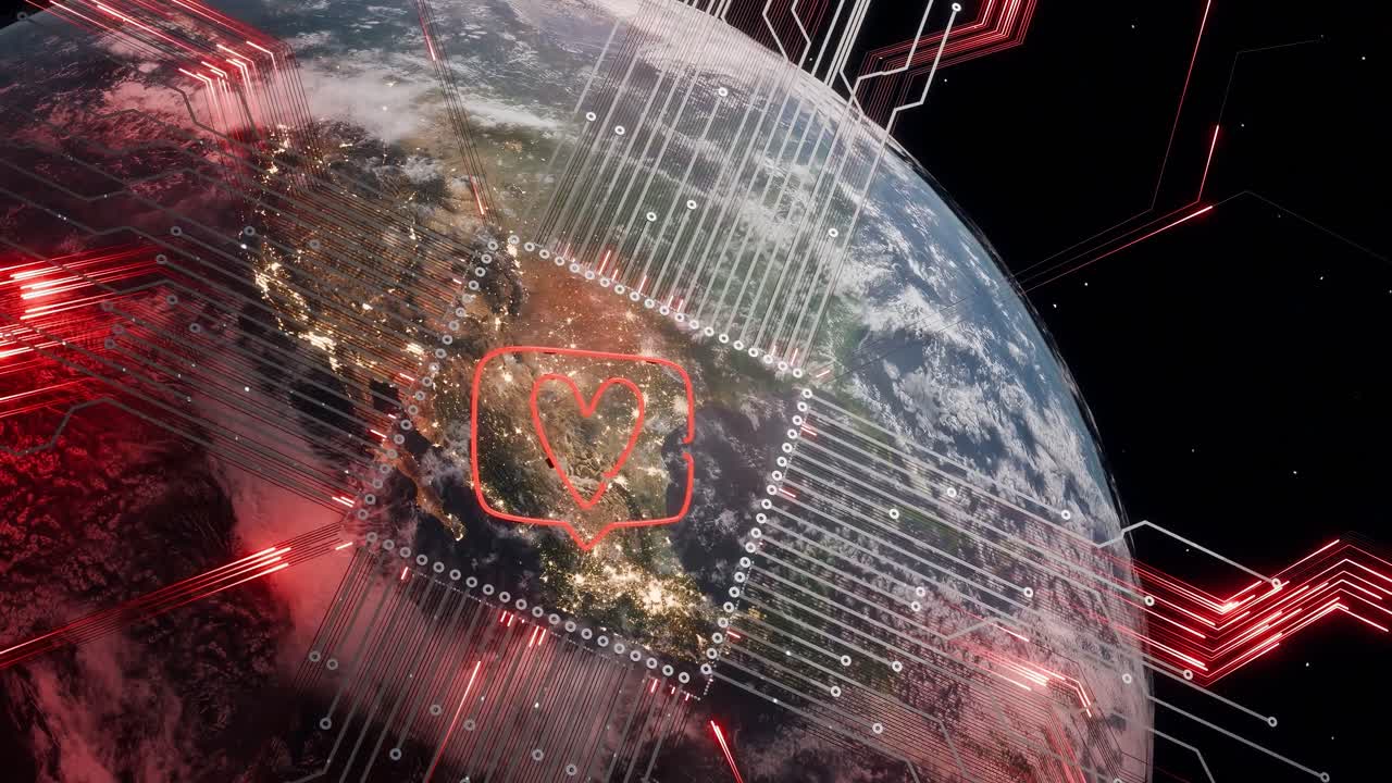 Planet Earth showing North and Central America from space with heart symbol inside chat bubble and red digital network lines. Social media communication and global connection wallpaper.