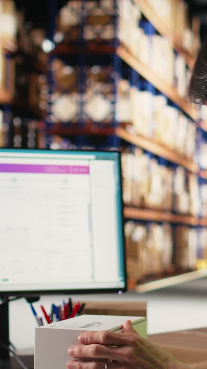 Vertical Video Industrial worker in hi vis vest placing shipping labels and scanning awb