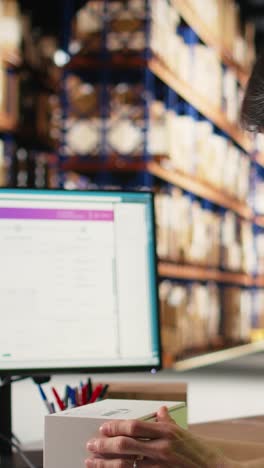 vertical video industrial worker in hi vis vest placing shipping labels and scanning awb