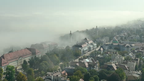 foggy morning aerial view of a european city