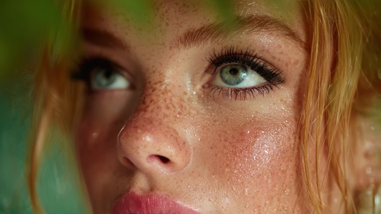 A Captivating Close-Up of a Young Woman's Face Enhanced by Natural Beauty and Delectable Water Drops, Showcasing Her Stunning Features and Luminous Skin Tone