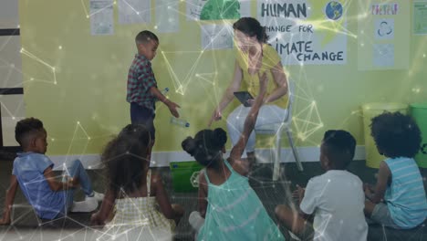 Animation-of-networks-over-happy-diverse-female-teacher-and-schoolboy-recycling-in-ecology-class