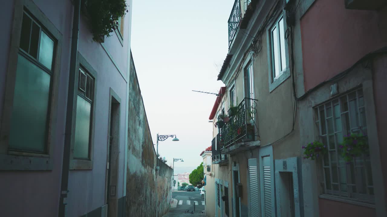 Lisbon ancient narrow street with flower balcony at dawn