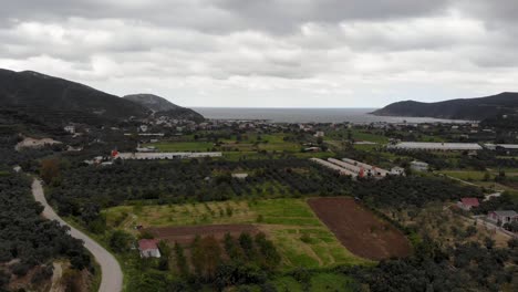 Vuelo-Aéreo-Hacia-Adelante-Desde-El-Bosque-Hasta-El-Mar-Mientras-Se-Siembra-El-Tractor,-Turquía