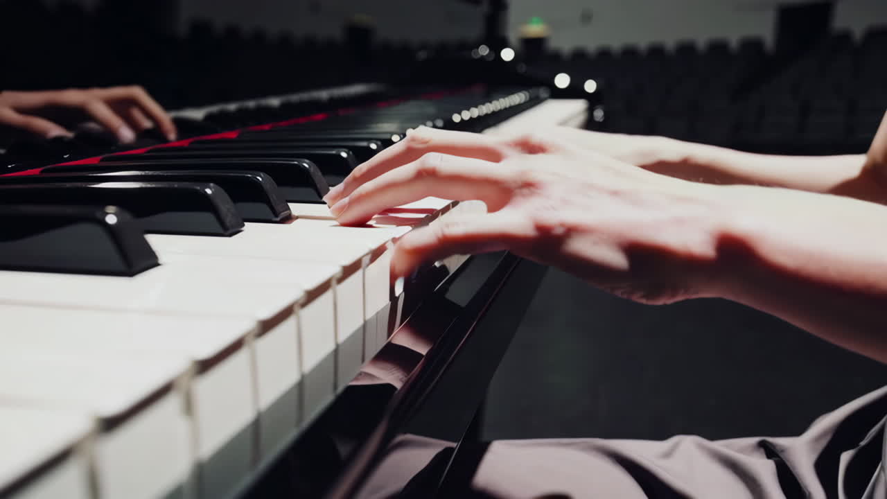Woman Playing Piano in Concert Hall