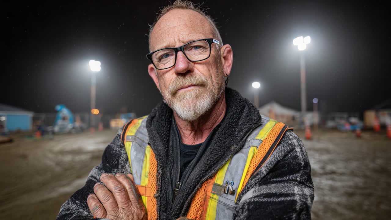 A contemplative worker stands confidently at a construction site, illuminated by bright lights at night, showcasing determination and experience in a challenging environment
