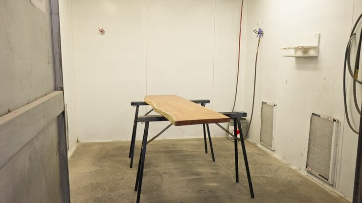 Carrellata al rallentatore su una lastra di legno grezzo su un rialzo all'interno di una cabina di verniciatura a spruzzo