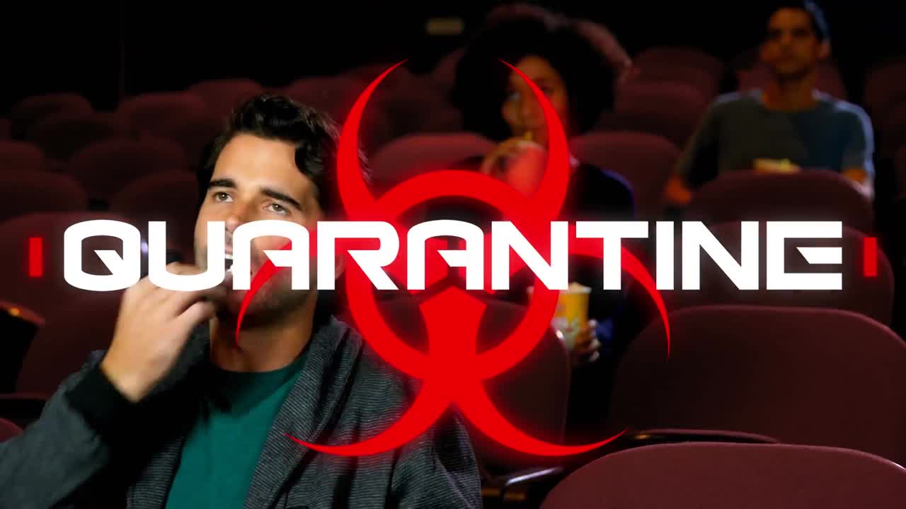 映画の人の上にバイオハザードのシンボルが描かれたcovid-19テキストのアニメーション