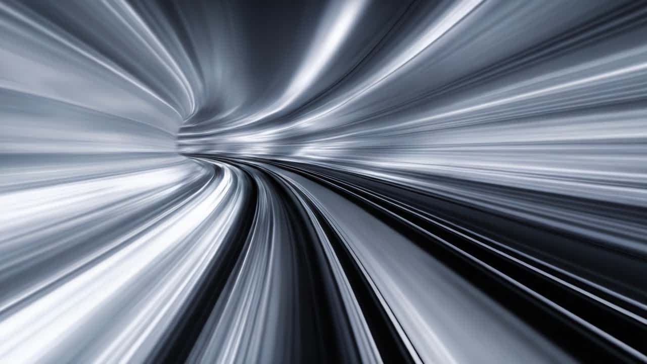 Dynamic Motion Through a Futuristic Tunnel: Emphasizing Speed and Light with a Captivating Visual Journey of Curved Tracks in a High-Tech Environment