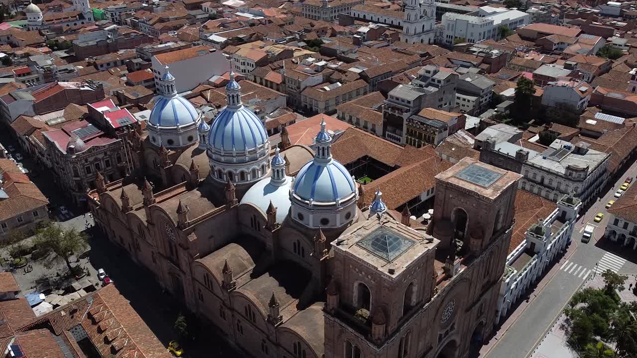Aerial drone of cathedral in Cuenca Ecuador. Catedral de la Inmaculada Concepción. Cathedral of Immaculate Conception in Cuenca Ecuador.