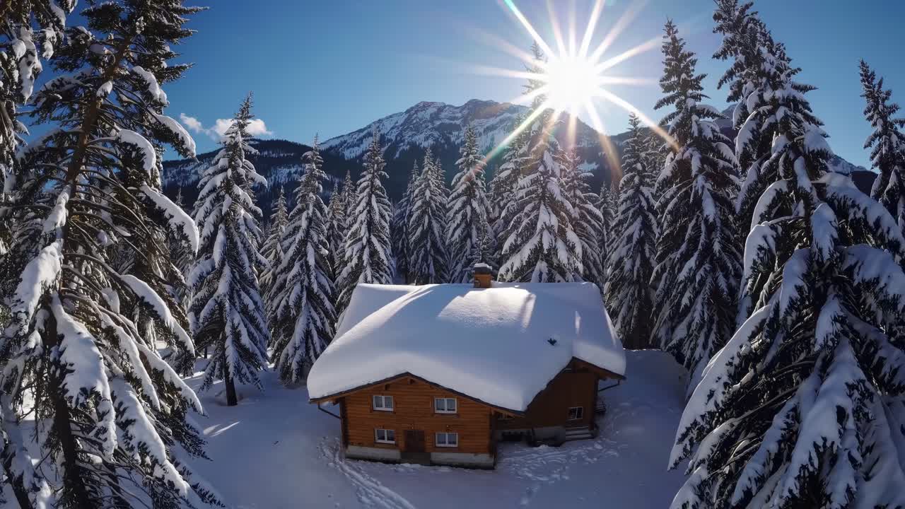 Snowy Mountain Cabin in a Pine Forest