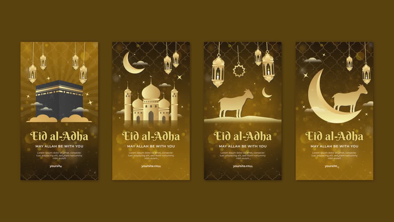Immagini per l'Eid al-Adha con Kaaba, moschee, lune e capre in un design festoso