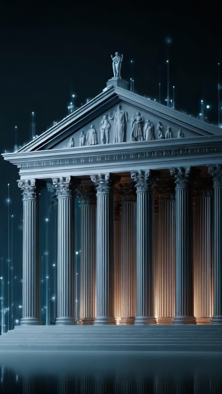 Una maestosa struttura di un tempio con imponenti colonne e statue, circondata da un alone mistico, che evoca un'atmosfera di antica grandezza ed estetica moderna