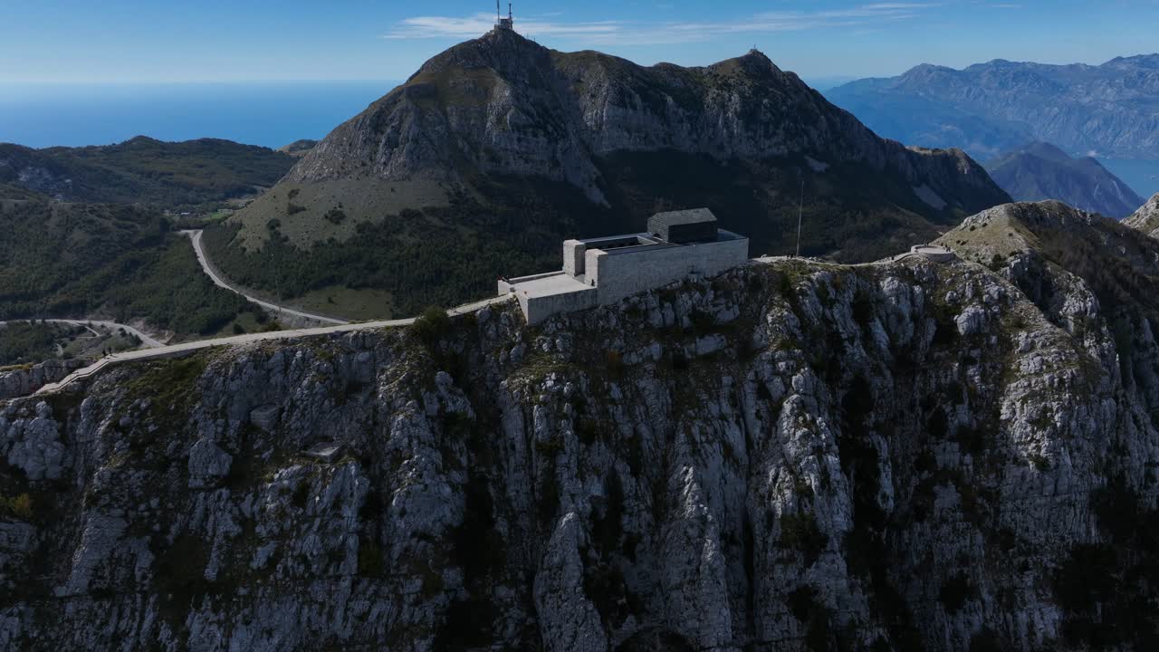 Mausoleum of Njegos on Mount Lovcen in Montenegro, wide aerial parallax