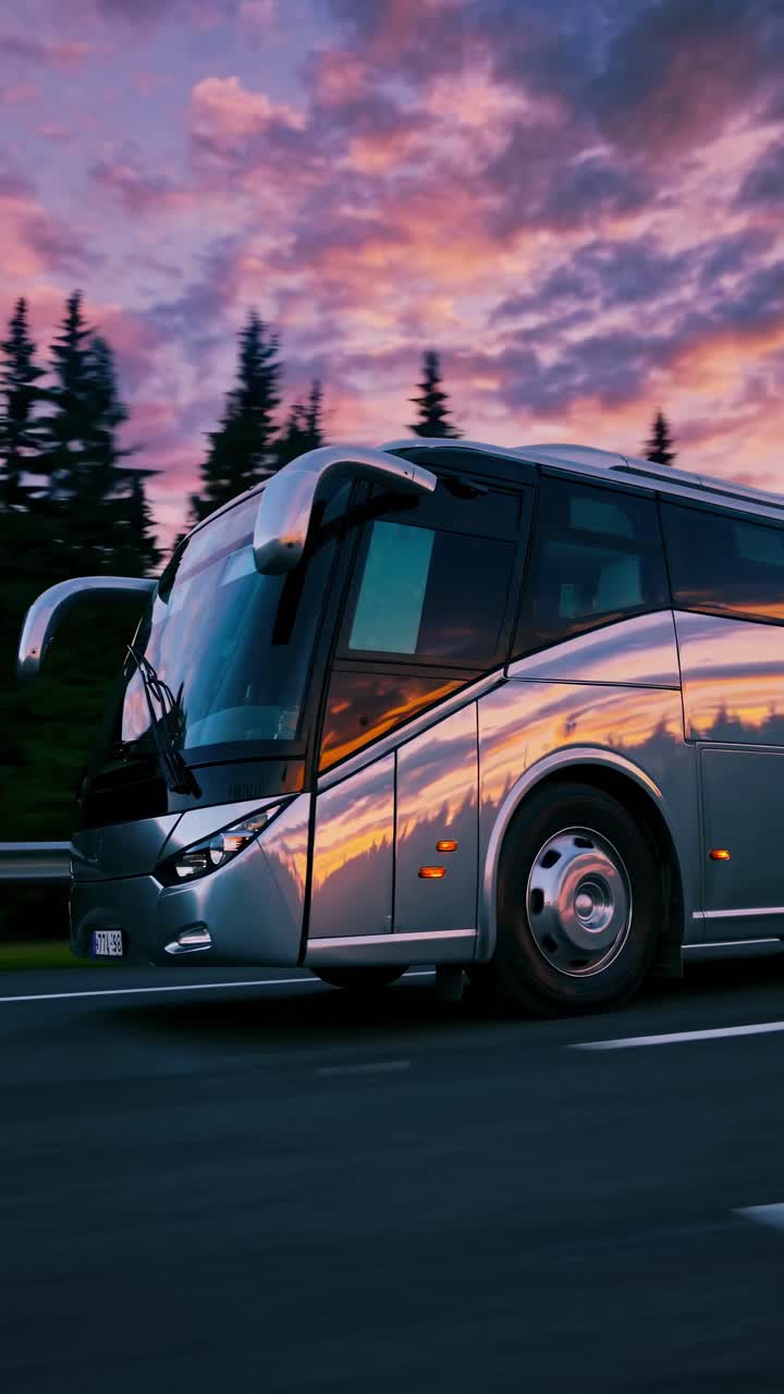 A sleek, modern bus travels on a highway at sunset. The bus reflects the vibrant sky. Trees line