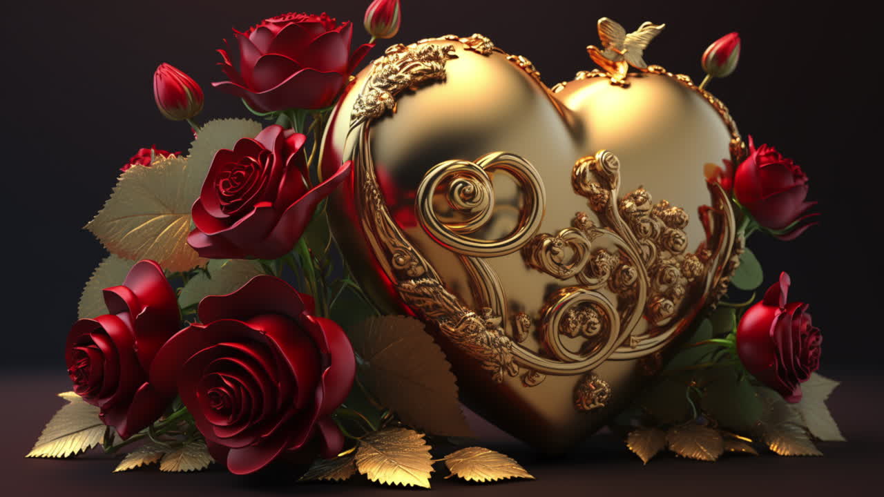 Golden Love Heart and Red Roses For Valentine's Day, Colorful Decoration