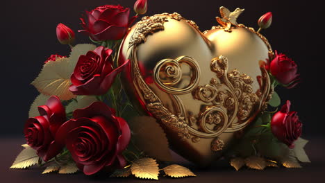 Golden-Love-Heart-and-Red-Roses-For-Valentine's-Day,-Colorful-Decoration