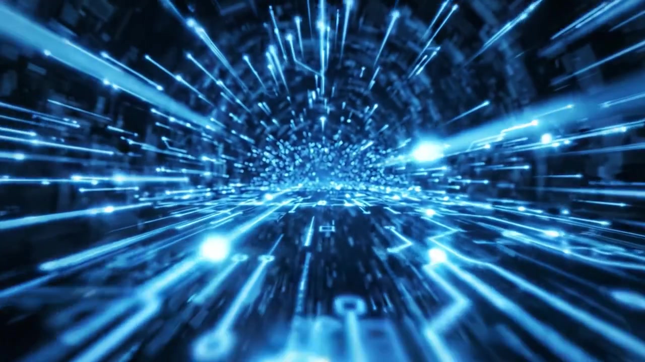 Un Viaggio Futuristico Attraverso un Tunnel Digitale di Luce e Dati, Che Mostra Motivi Intricati e Vibranti Colori Blu in un'Esperienza Visiva Astratta.