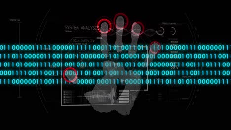 Animation-of-binary-coding,-data-processing-and-biometric-hand-reading