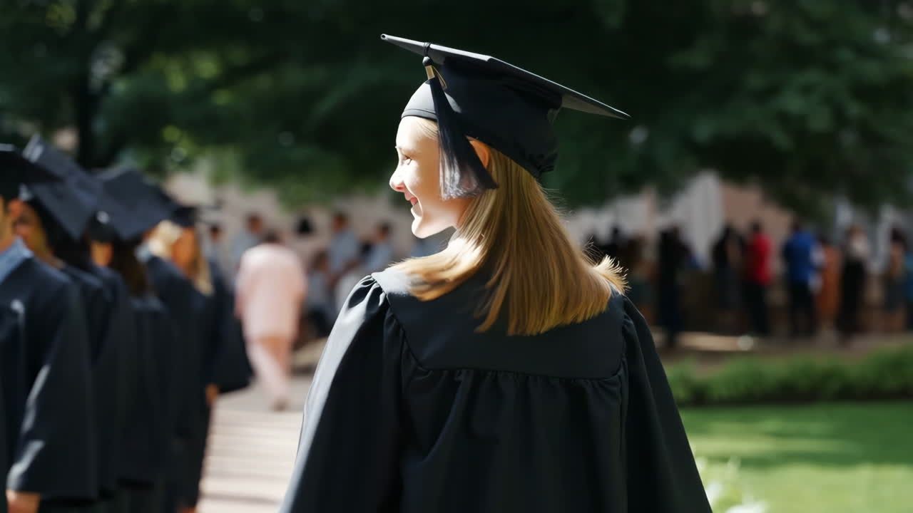 Graduate in cap and gown looking back during commencement