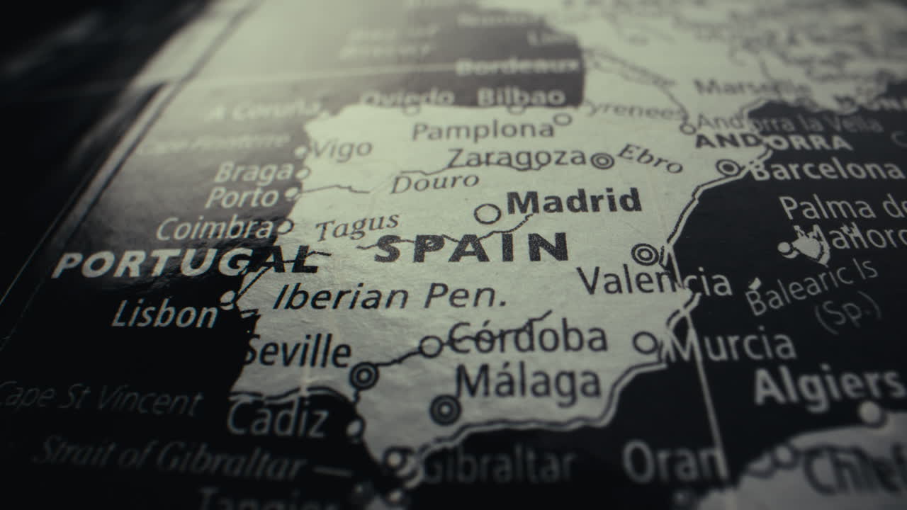 Close up of a map of Spain and Portugal