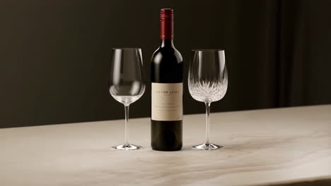 wine bottle and two wine glasses on a table