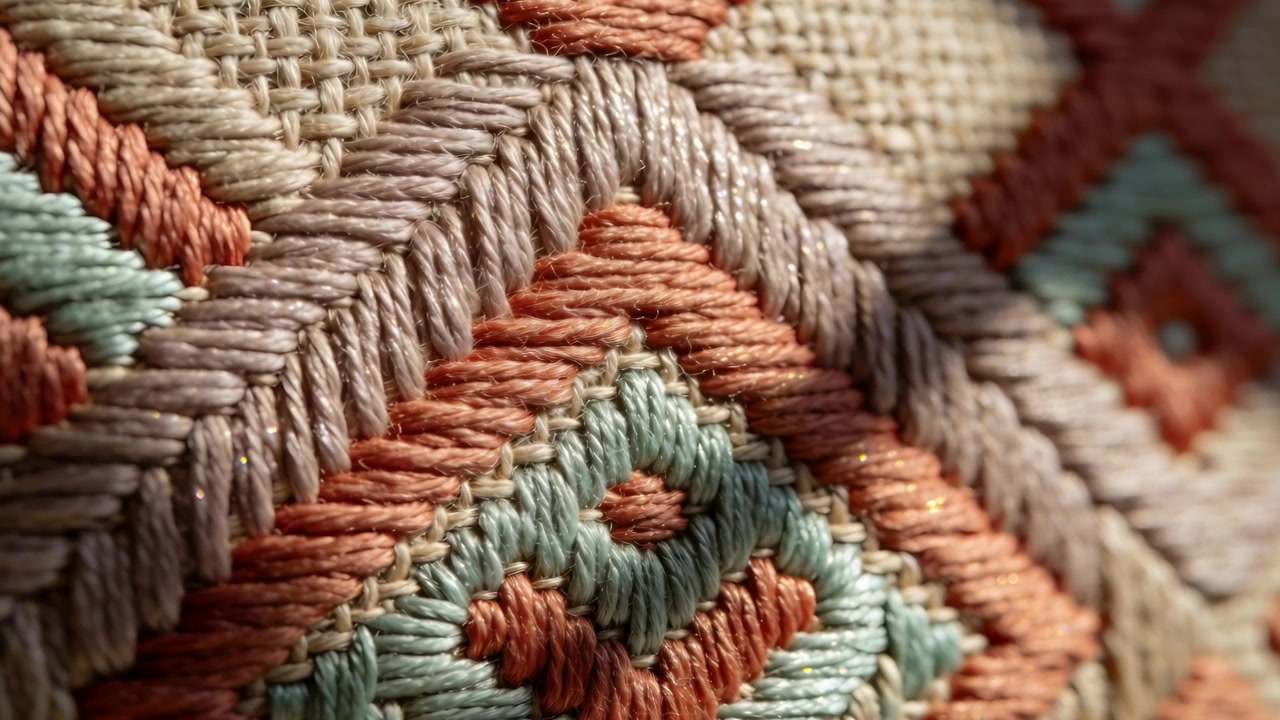 Cámara en movimiento revelando un textil bordado en una mesa de taller, destacando el brillo de un diamante central.
