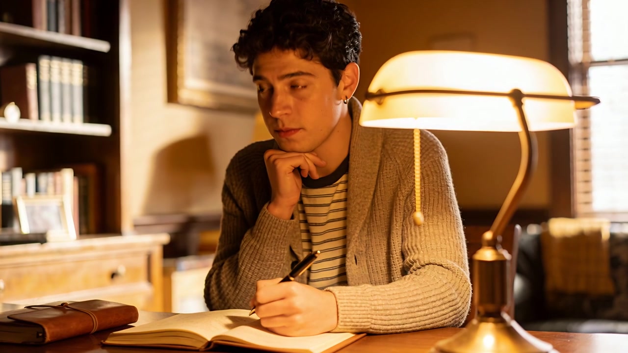 Yawning student in cardigan lowering hand, refocusing, recalling and writing in notebook in study
