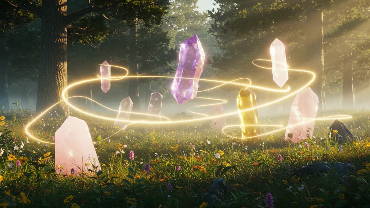 A Magical Forest of Floating Crystals Surrounded by Lush Flora, Enchanted Light Traces Dancing Among the Glittering Gemstones in Nature's Embrace