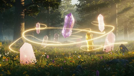 a magical forest of floating crystals surrounded by lush flora, enchanted light traces dancing among the glittering gemstones in nature's embrace