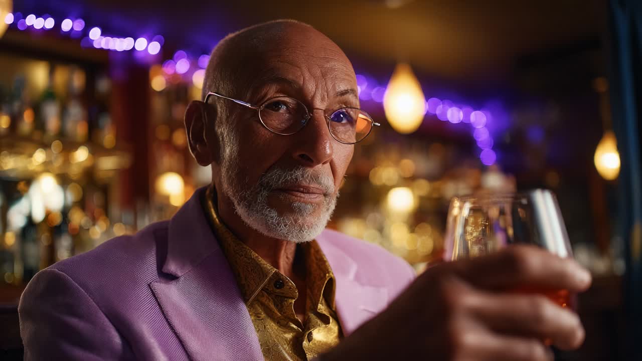 An Elegant Elderly Man in a Stylish Suit Holding a Glass, Exuding Sophistication and Charm in a Well-Lit Bar Setting, Surrounded by Glimmering Lights and an Inviting Atmosphere