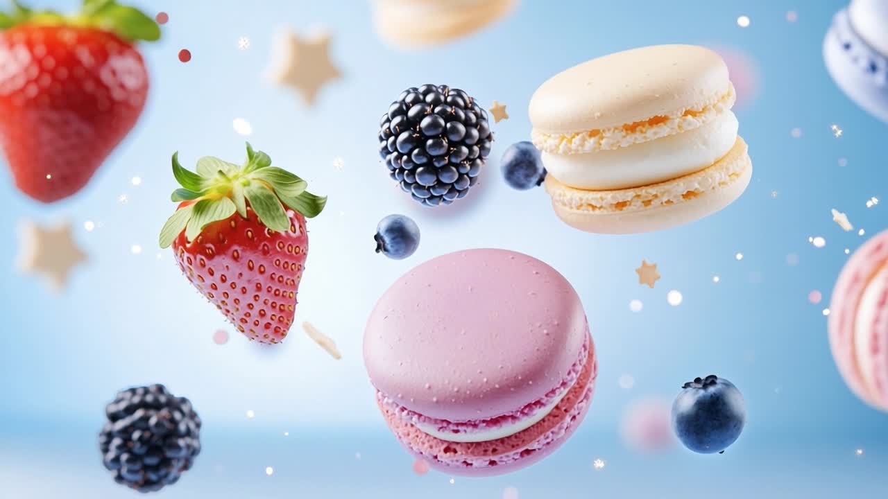 Berry sprinkle macarons. Macarons in pastel colors are surrounded by strawberries, blueberries, and blackberries against a soft blue background.
