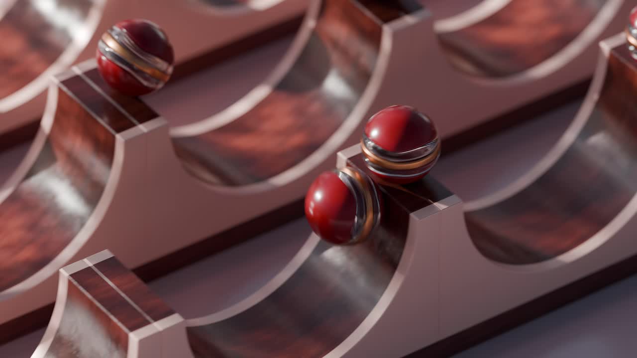 나무 램프에 빨간색과 금색 공을 가진 추상적인 기하학적 디자인