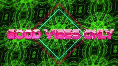 animation of good vibes only text over kaleidoscopic moving shapes