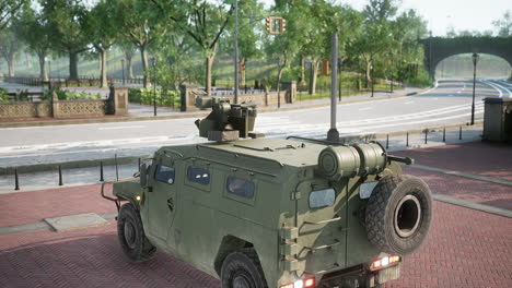 armored military car in big city