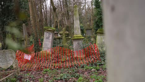 orange fence protecting gravestones under construction and renovation in a forest graveyard on a cloudy day