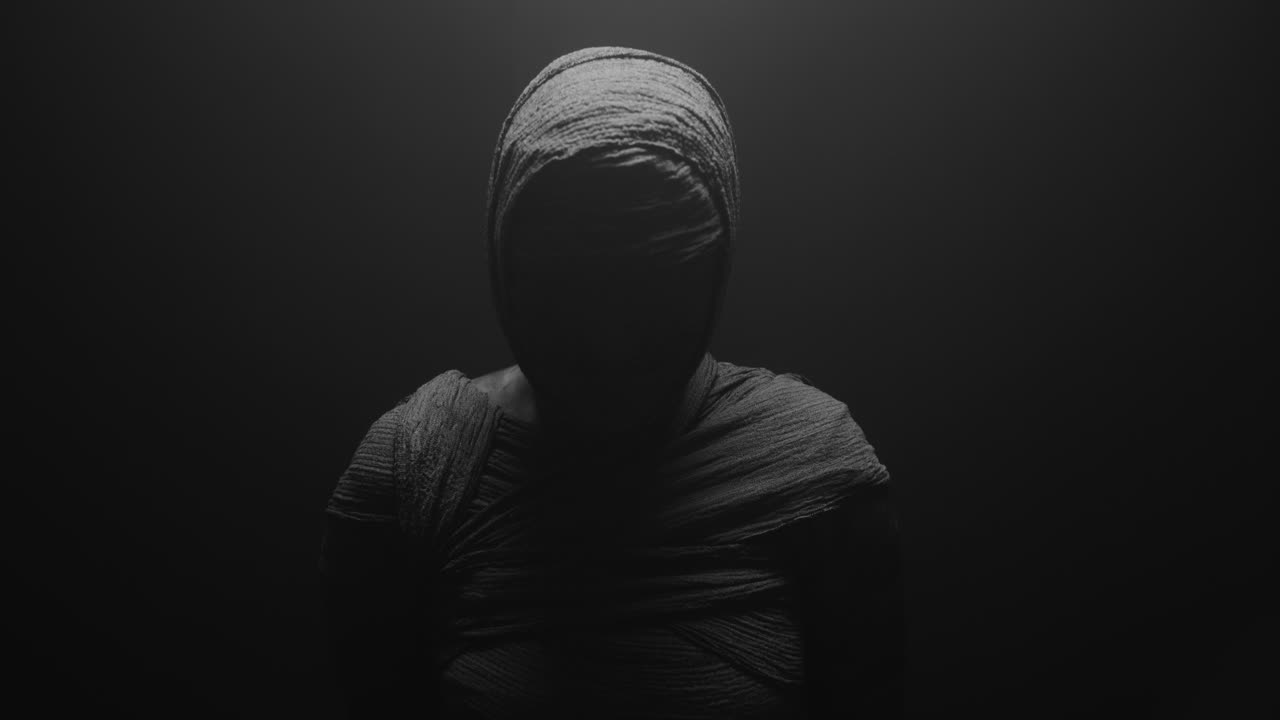 A mummy of a woman on a dark backdrop turns and then lowers her head