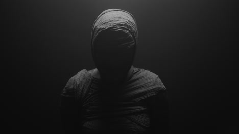 a mummy of a woman on a dark backdrop turns and then lowers her head