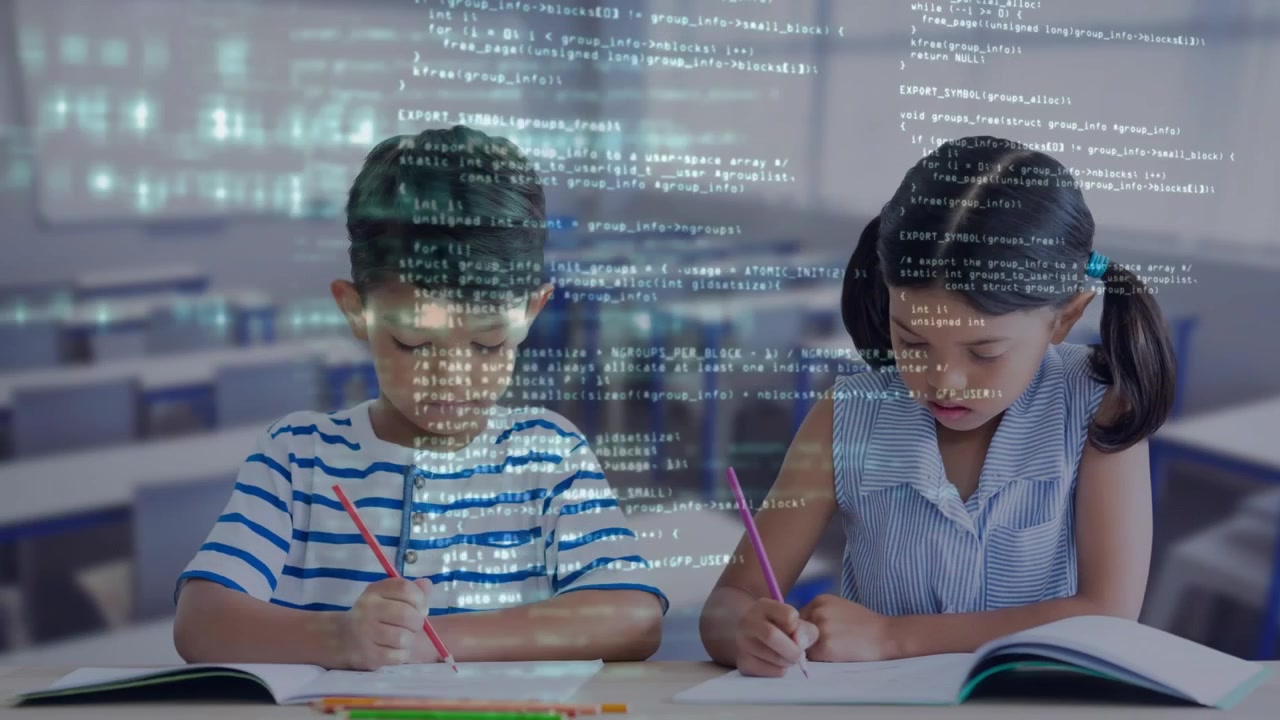Young Students Studying in Classroom with Digital Coding Overlay