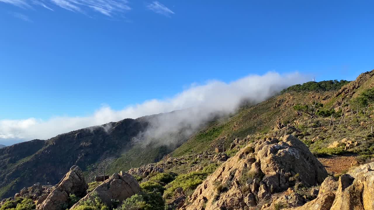 nubes refrescantes en la cima de la montaña sierra bermeja en estepona málaga españa, parque natural verde, día soleado y cielo azul, toma estática de 4k