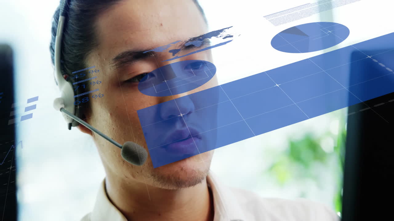 animación de procesamiento de datos financieros sobre empresario asiático usando auriculares en la oficina